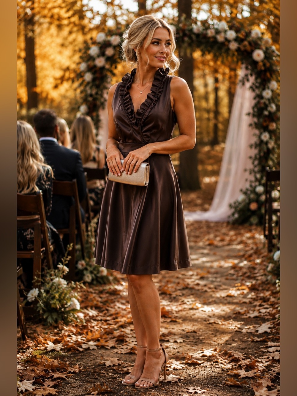 Chocolate Brown Satin Ruffle Neck Cocktail Dress | London Times | Size 8
